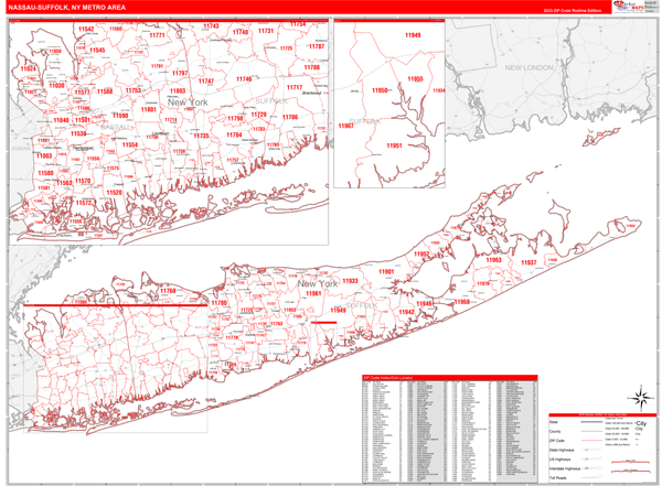 Nassau-Suffolk Metro Area Wall Map Red Line Style
